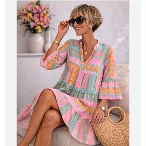 Diva Usa Women's Boho Geometric Print Tiered Mini Dress Size Medium
